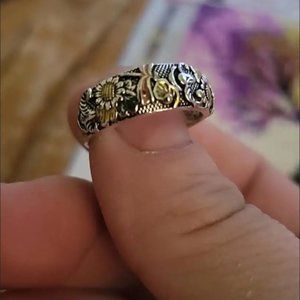 ** SALE SZ 8 Copper Brass Silver Carved Ring Flower Dragonfly Sunflower Ring